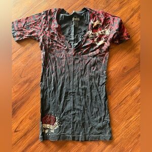 Sinful Black & Red V-Neck Graphic Tee with Rhinestone Accents